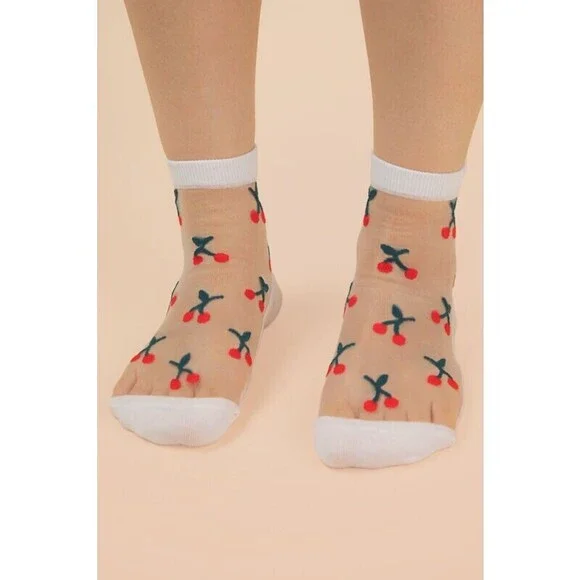SC10033A-1 W Very J Cherry Embroidered Mesh Ankle Socks White One Size - Picture 1 of 4